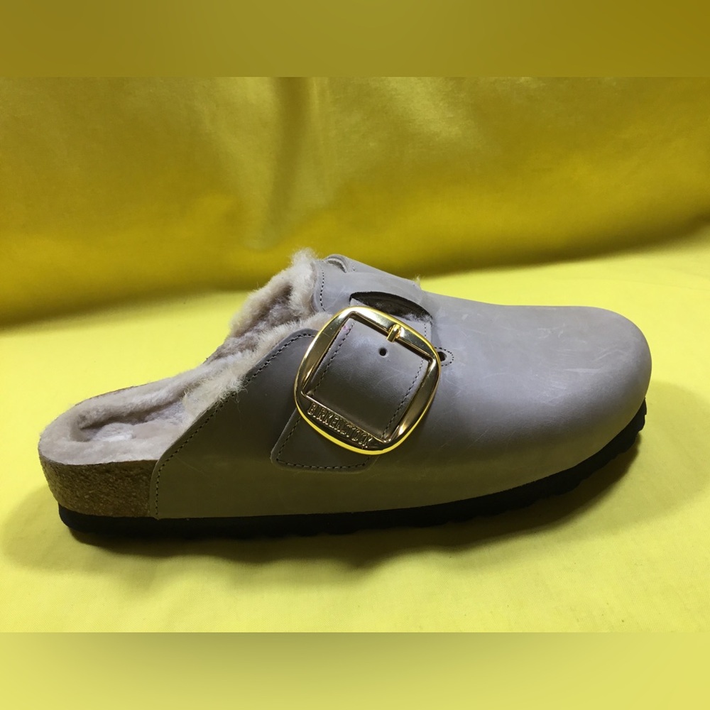 Birkenstock Boston Big Buckle Shearling Taupe Faux-Fur lined Clog SZ 40 - Picture 9 of 11